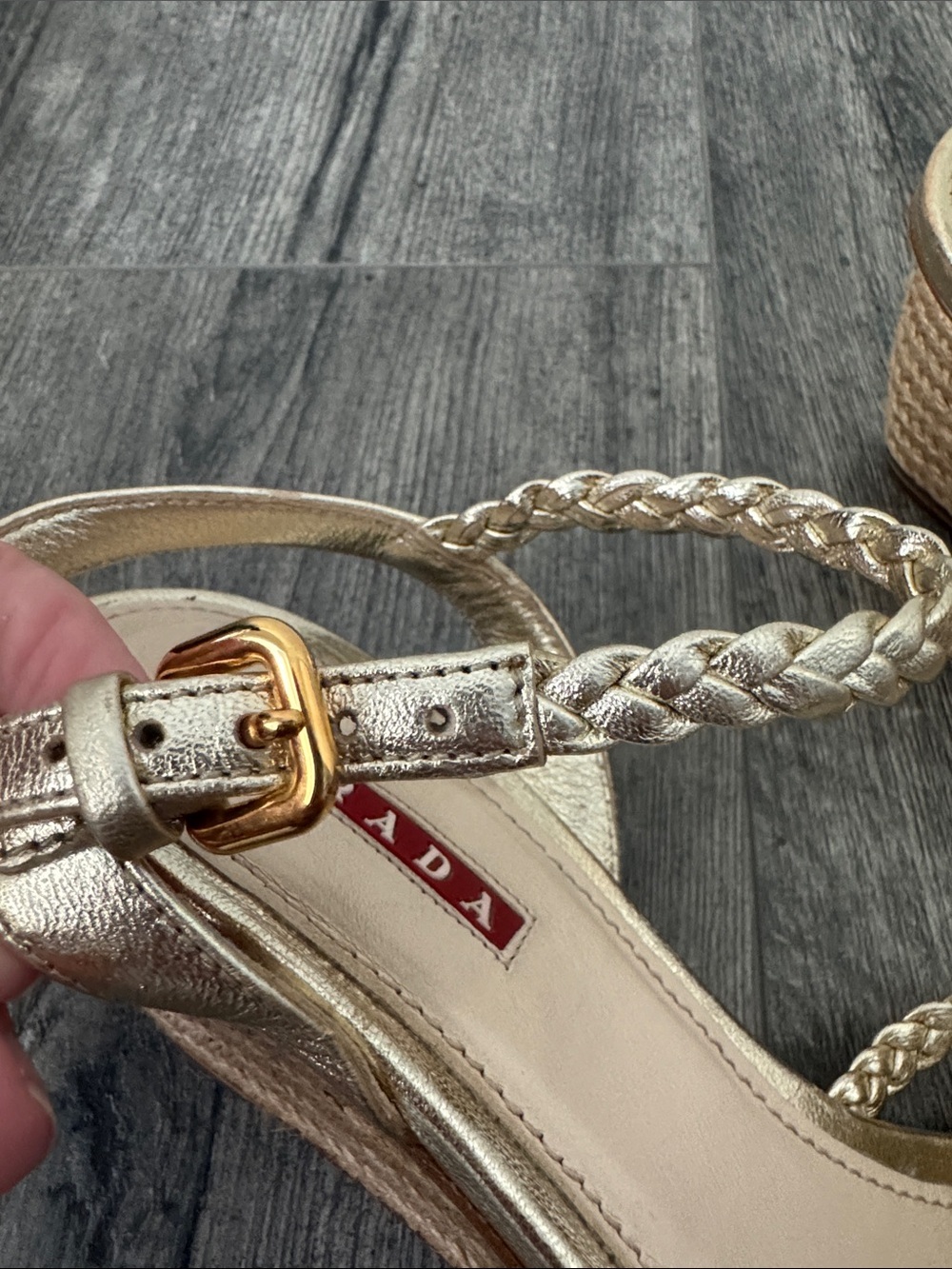Prada Gold Braided Leather Wedge Espadrille Sandals Size 36/US 6 COA includes - Picture 5 of 11